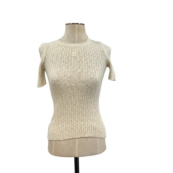 Courreges Vintage Sweater Short Sleeve Ribbed Knit Logo Ivory Size 0 XS - Picture 1 of 11